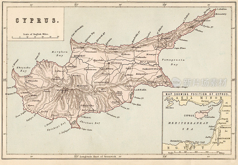 塞浦路斯地图- 1884年由伦敦威廉・麦肯齐为“国家百科全书”出版